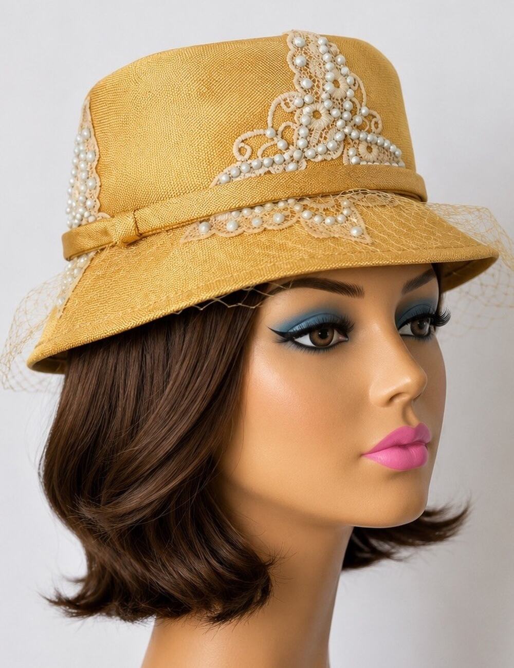 Vtg Mr John Gold Yellow Bucket Cloche Hat Pearl Beaded Lace Butterfly 1960s